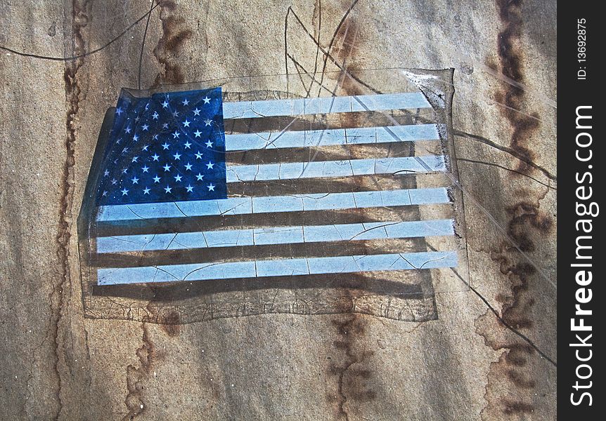Old American flag decal in shop window