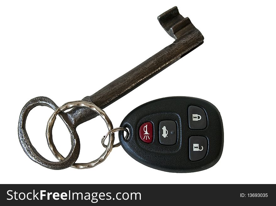 Keyless car keys and large key, isolated on a white background, entry, open, trunk. Keyless car keys and large key, isolated on a white background, entry, open, trunk