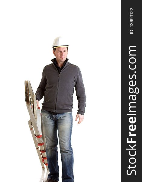 Photo of constructor with ladder on white background