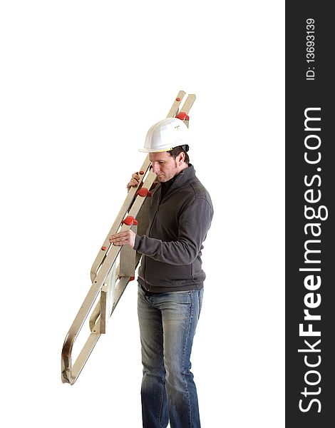 Photo of constructor with ladder on white background