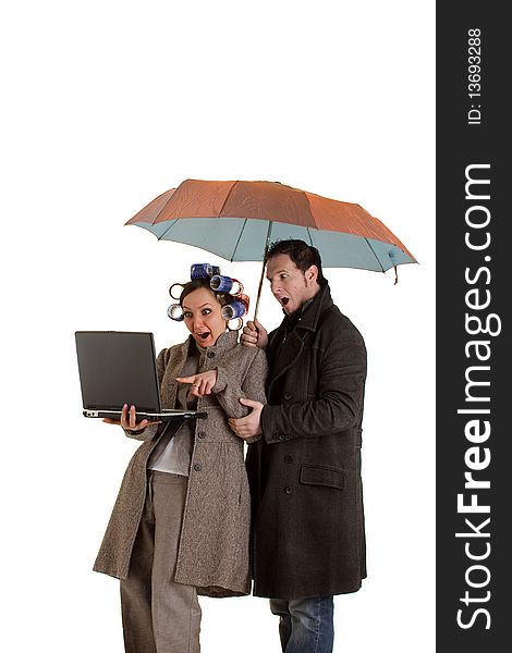 Photo of shocked coupple with umbrella and notebook on white isolated background