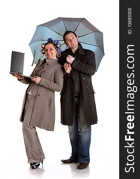 Photo of shocked coupple with umbrella and notebook on white isolated background