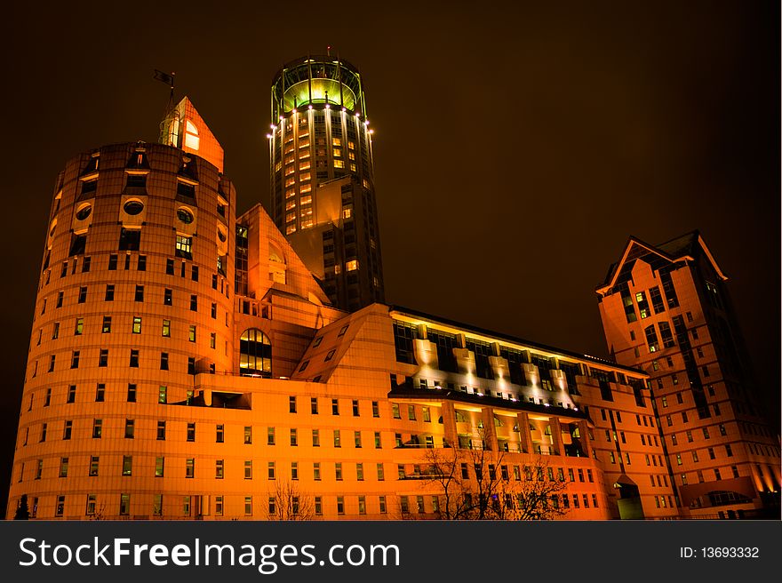 Night view on modern business building in Moscow, Russia