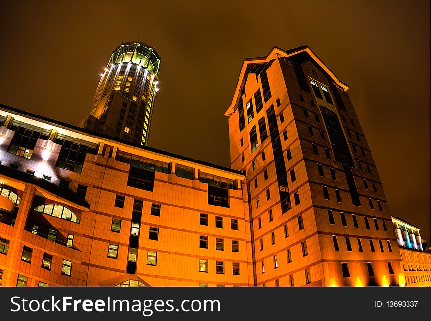 Night view on modern business building in Moscow