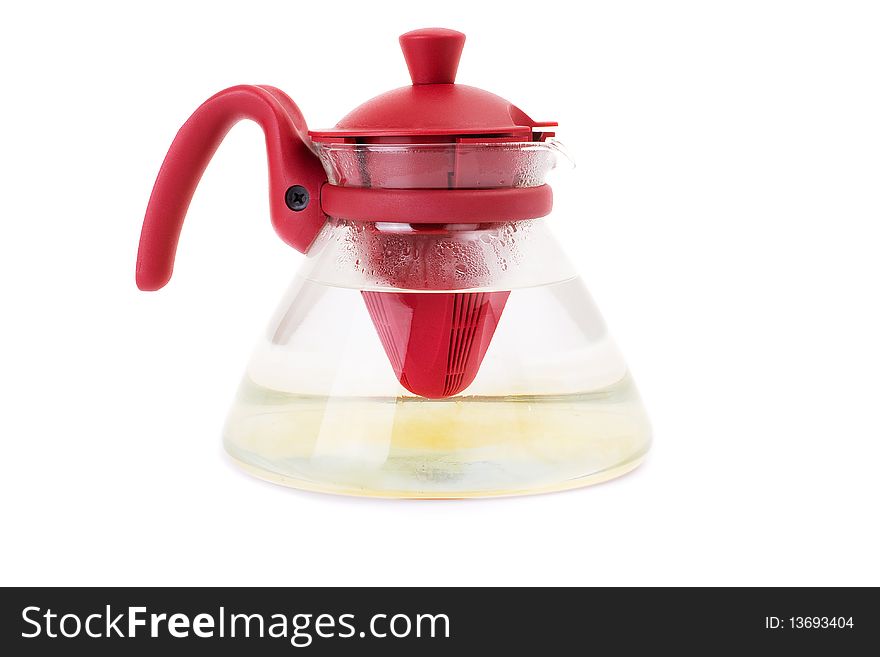 Series. A glass teapot isolated on a white background. Green tea