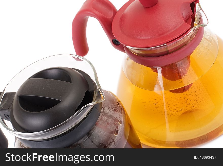 Series. A glass teapot isolated on a white background. Green and black tea