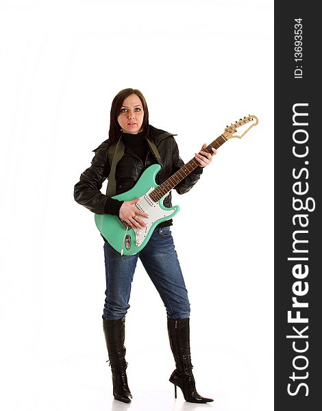 Photo of woman with leather jacket and electronic guitar. Photo of woman with leather jacket and electronic guitar