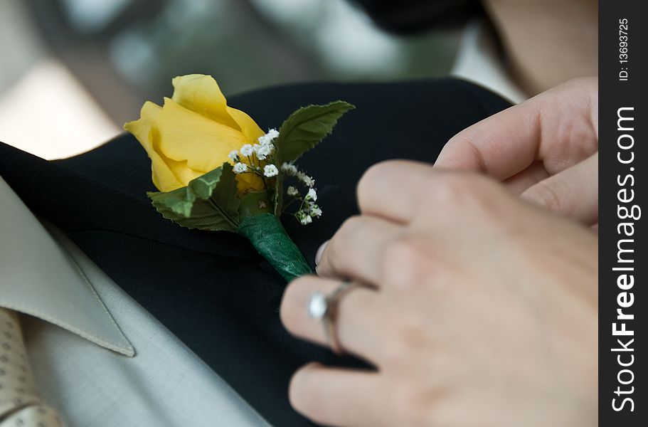 A close up of a woman's hand pinning a fresh flower or Boutonniere on a man's lapel collar. A close up of a woman's hand pinning a fresh flower or Boutonniere on a man's lapel collar.