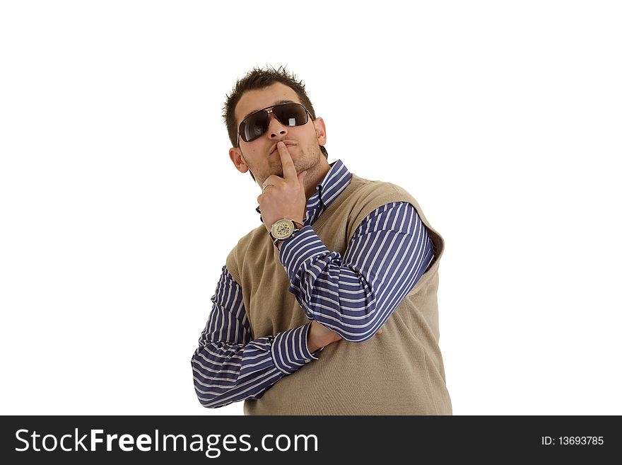 Photo on man with shirt posing on white background. Photo on man with shirt posing on white background