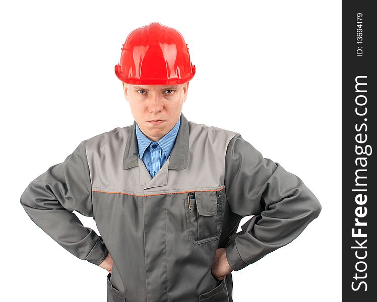 Construction worker looking serious. Isolated on a white background