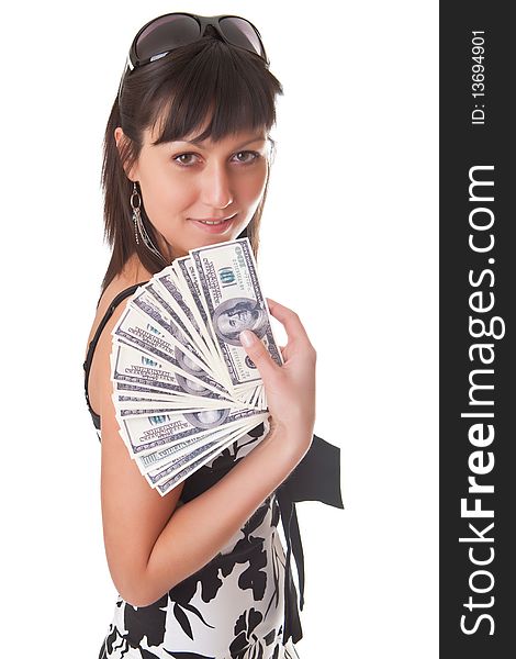Girl with dollars in hands isolated on a white background. Girl with dollars in hands isolated on a white background