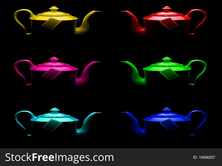 Raw of colourful teapots on black backdrop. Raw of colourful teapots on black backdrop