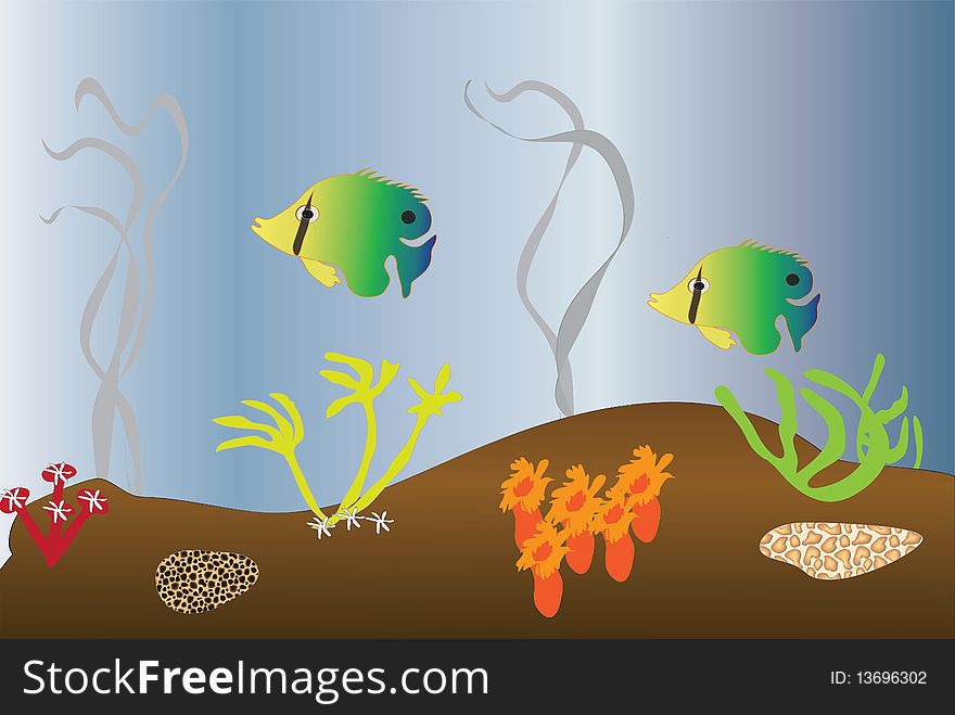 Two tropical fish under the sea with weeds, stones and sea anemones on blue background. Two tropical fish under the sea with weeds, stones and sea anemones on blue background.