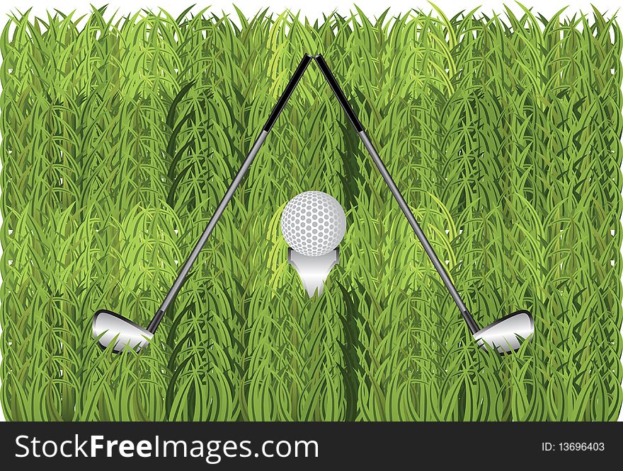 Golf stick and ball in grass