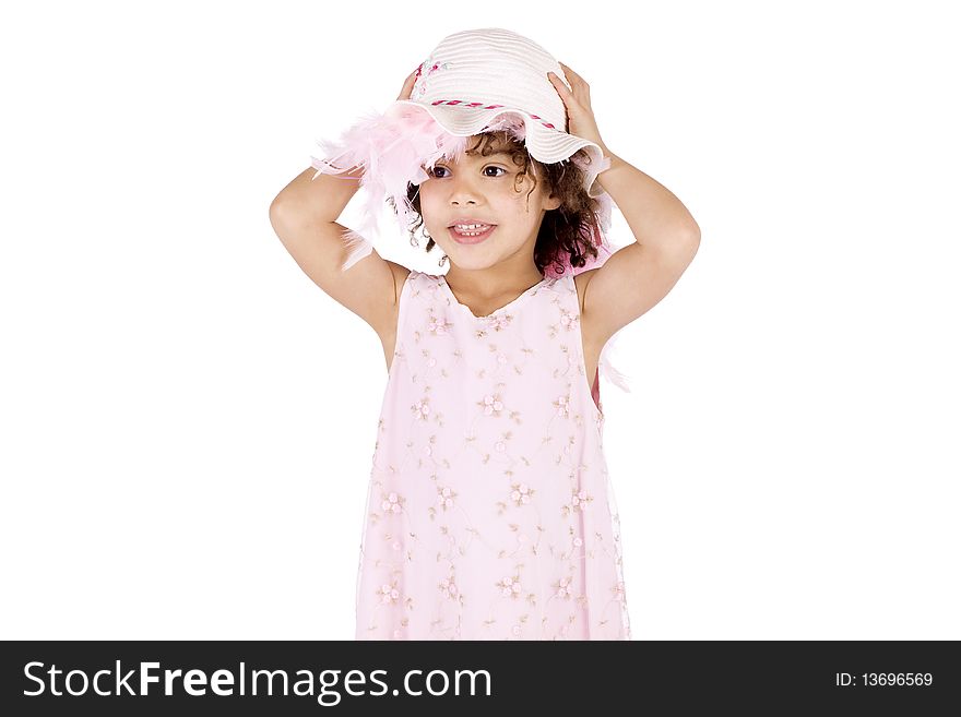 Little afro american girl holding a pink hat. Little afro american girl holding a pink hat