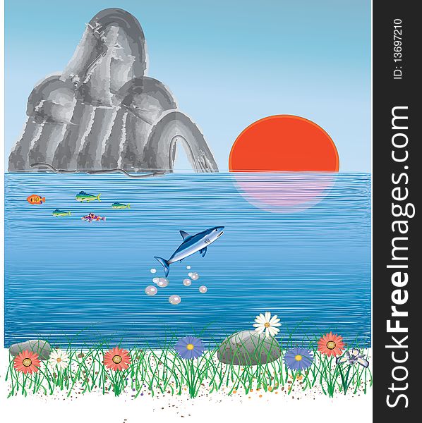 Ocean sunrise ,hill,fish ,grass ,flower landscape illustration. Ocean sunrise ,hill,fish ,grass ,flower landscape illustration