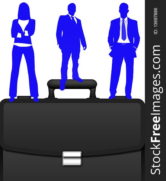 Business people stood on a briefcase isolated on a white background. Business people stood on a briefcase isolated on a white background