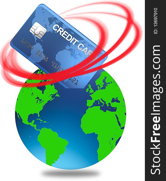 Credit card in the red pushing into the world isolated on a white background. Credit card in the red pushing into the world isolated on a white background