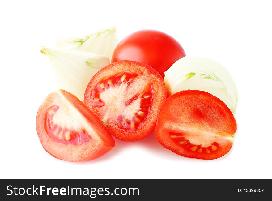 Ripe tomatos and onion ready for salad isolated