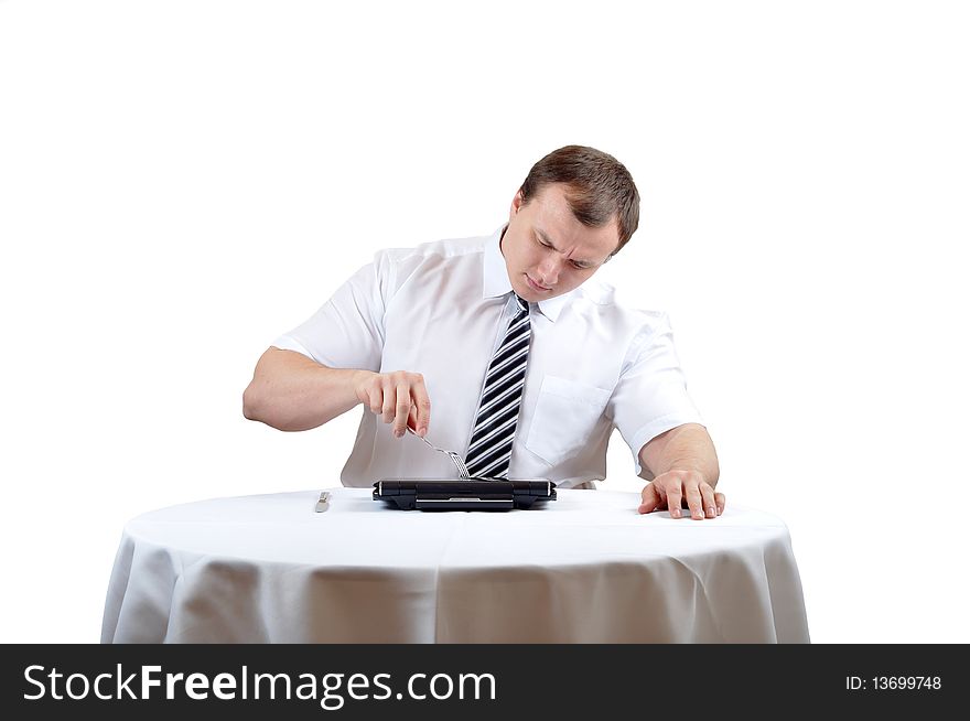 Businessman prick notebook with fork, white isolated background. Businessman prick notebook with fork, white isolated background