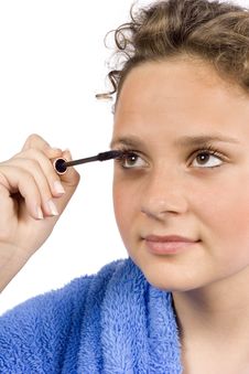 Young Woman Dressed Blue Bathrobe Putting Mascara Royalty Free Stock Image Young Woman Dressed Blue Bathrobe Putting Mascara Royalty Free Stock Image