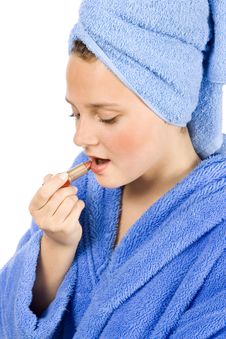 Young Woman Dressed Blue Bathrobe Putting Lipstick Royalty Free Stock Photos
