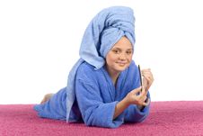 Young Woman Dressed Blue Bathrobe And Towel Filing Nails Royalty Free Stock Photo Young Woman Dressed Blue Bathrobe And Towel Filing Nails Royalty Free Stock Photo