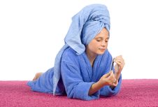 Young Woman Dressed Blue Bathrobe And Towel Filing Nails Stock Photo Young Woman Dressed Blue Bathrobe And Towel Filing Nails Stock Photo