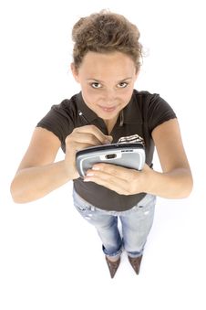 Young Woman With Pocket Computer Or Mobile Phone Stock Image Young Woman With Pocket Computer Or Mobile Phone Stock Image