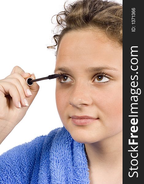 Young Woman Dressed Blue Bathrobe Putting Mascara