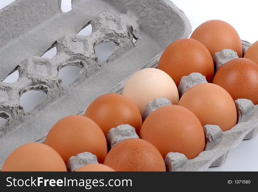 Twelve brown eggs in a carton