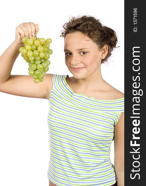 Isolated on white young woman with bunch of grapes