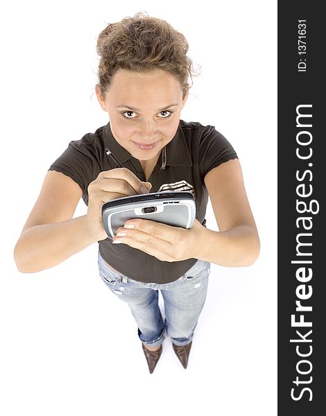 Young woman with pocket computer or mobile phone