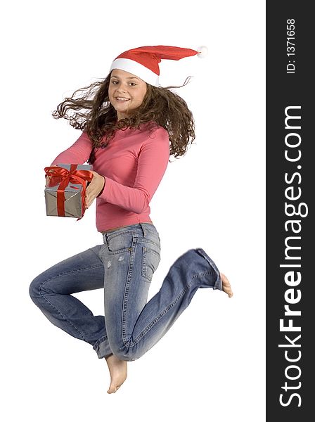 Jumping young female Santa with gift