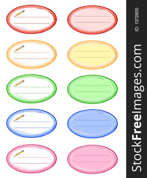 A page of empty oval labels easy to use for your text. Decorated with a pencil. A page of empty oval labels easy to use for your text. Decorated with a pencil