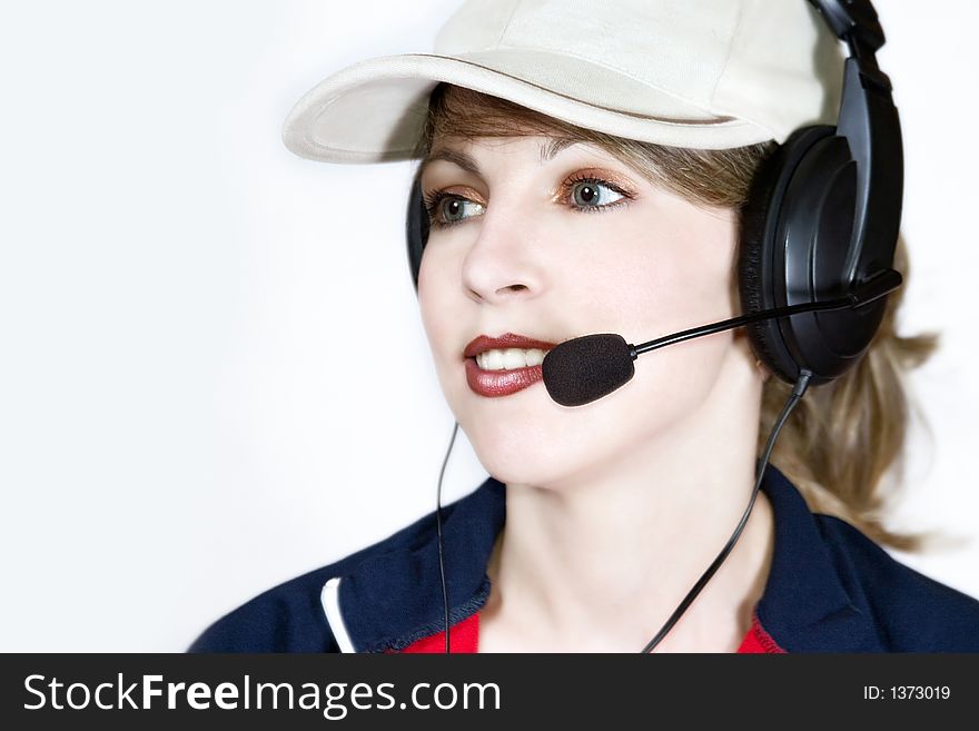 Girl with headset on white background. Girl with headset on white background