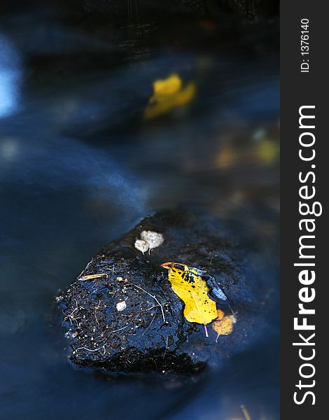 A single rock in a small stream, shot in autumn, single yellow leave on rock motiontrails on streaming water. A single rock in a small stream, shot in autumn, single yellow leave on rock motiontrails on streaming water