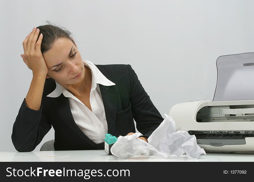 Business woman is prinring in office, copy, duplicate, calling