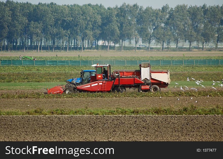 Farmers working on a tractor in the field