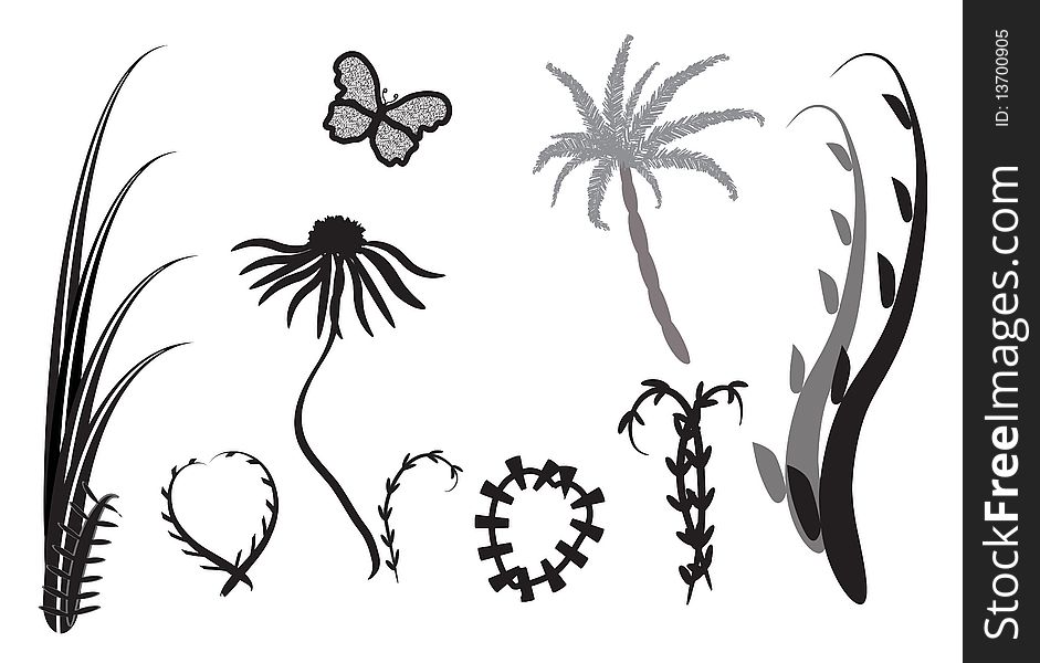 Abstract nature silhouettes all made with my own brushes within Illustrator,except for the daisy and butterfly. Abstract nature silhouettes all made with my own brushes within Illustrator,except for the daisy and butterfly.