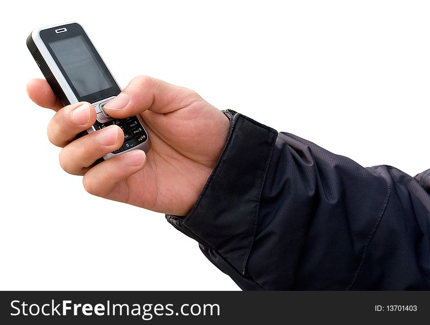 Man hand with cell phone in winter on white background. Man hand with cell phone in winter on white background