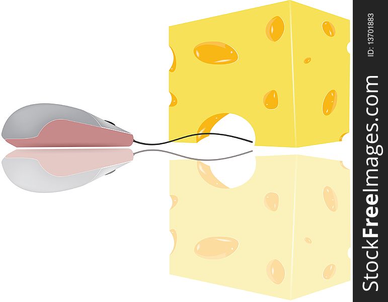 The isolated illustration of a piece of appetizing cheese near to which the computer mouse from which reflexion proceeds sits. The isolated illustration of a piece of appetizing cheese near to which the computer mouse from which reflexion proceeds sits