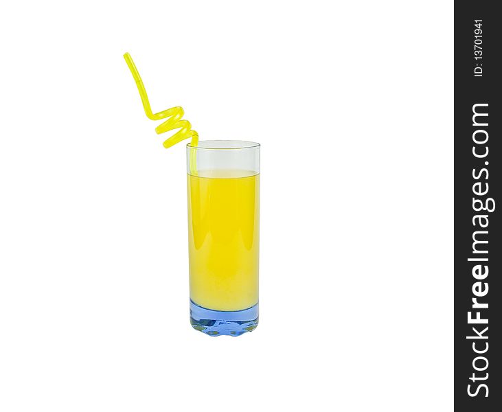 Glass of juice with spiral straw isolated on white. Glass of juice with spiral straw isolated on white