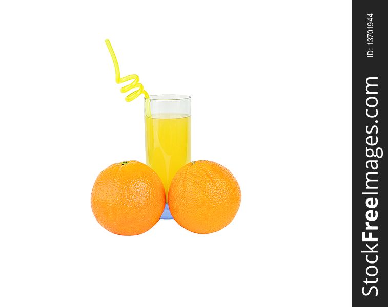 Orange juice and fresh oranges isolated on white. Orange juice and fresh oranges isolated on white