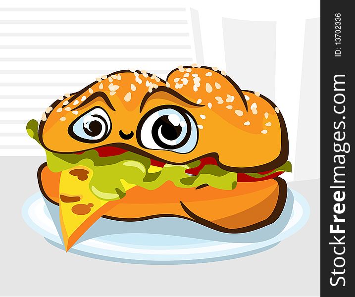 Character in the form of hamburger, shows language as cheese. Character in the form of hamburger, shows language as cheese