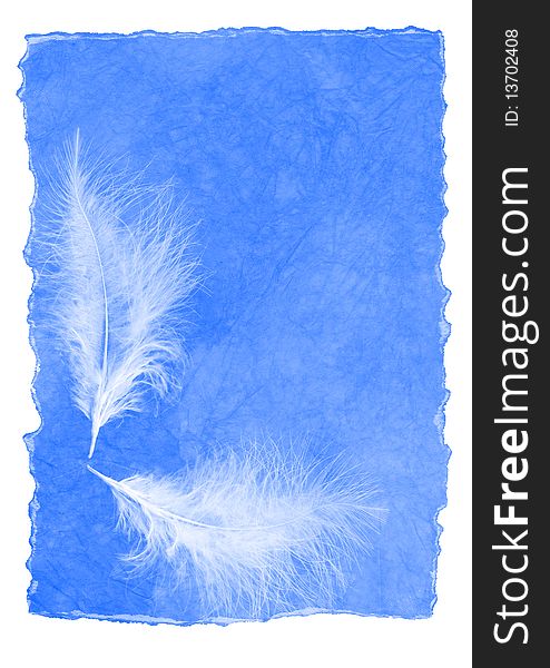 Hand-made papper with white feathers - background for your text. Hand-made papper with white feathers - background for your text