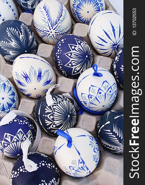 Easter decoration - wax painted eggs, blue and white. Easter decoration - wax painted eggs, blue and white
