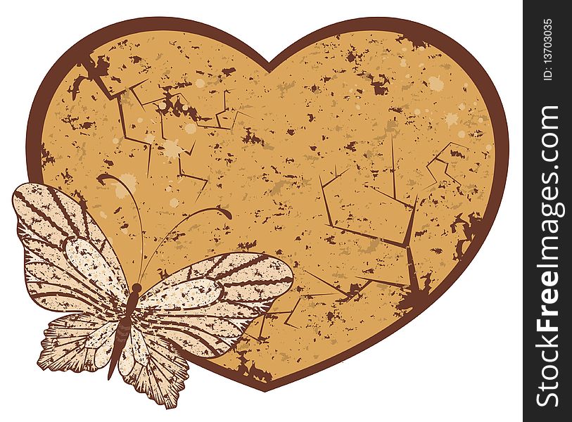 Grunge heart with tropical butterfly. Grunge heart with tropical butterfly