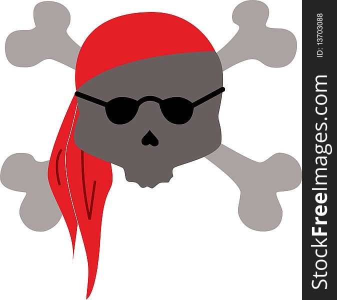 Skull and crossbones wearing dark sunglasses and a red bandana. Skull and crossbones wearing dark sunglasses and a red bandana