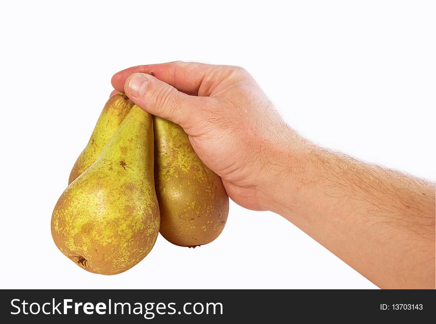 Man's hand with three pears isolated